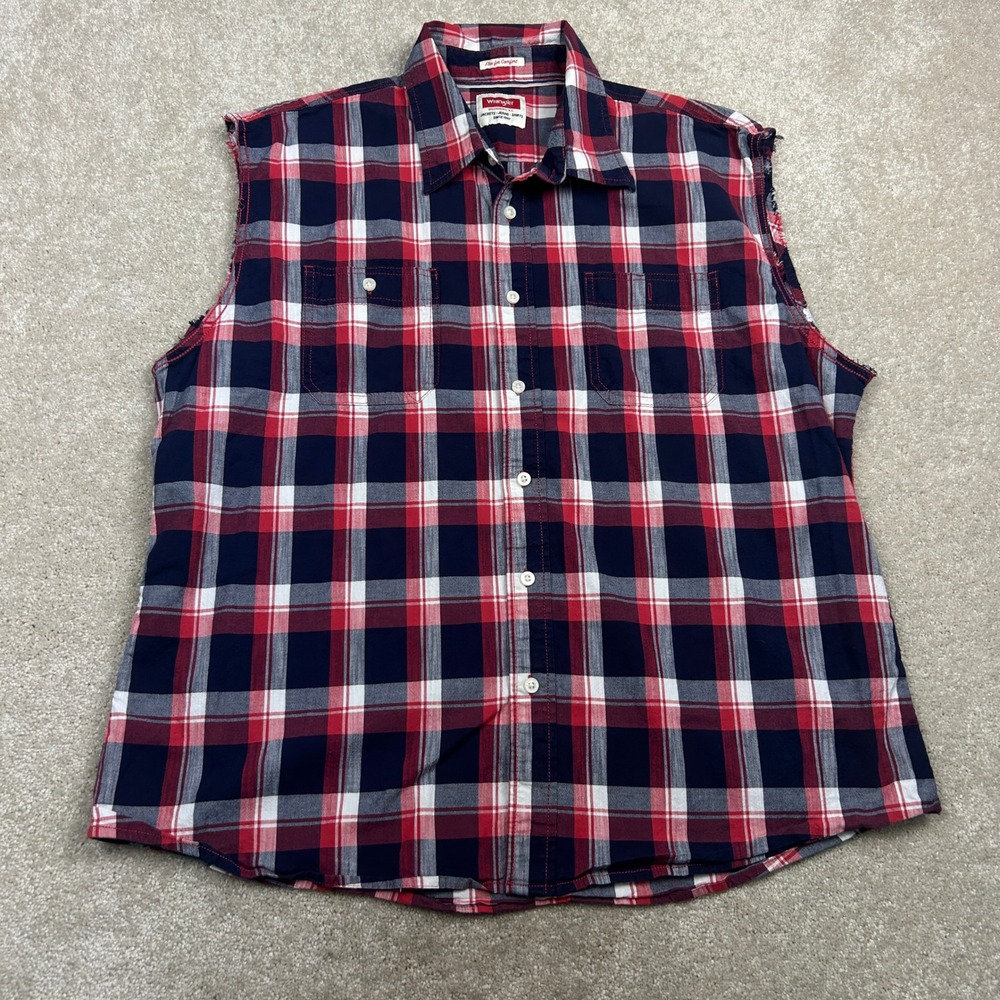 Wrangler Men's Western Shirt 2XL Red White Blue Plaid Sleeveless Cowboy